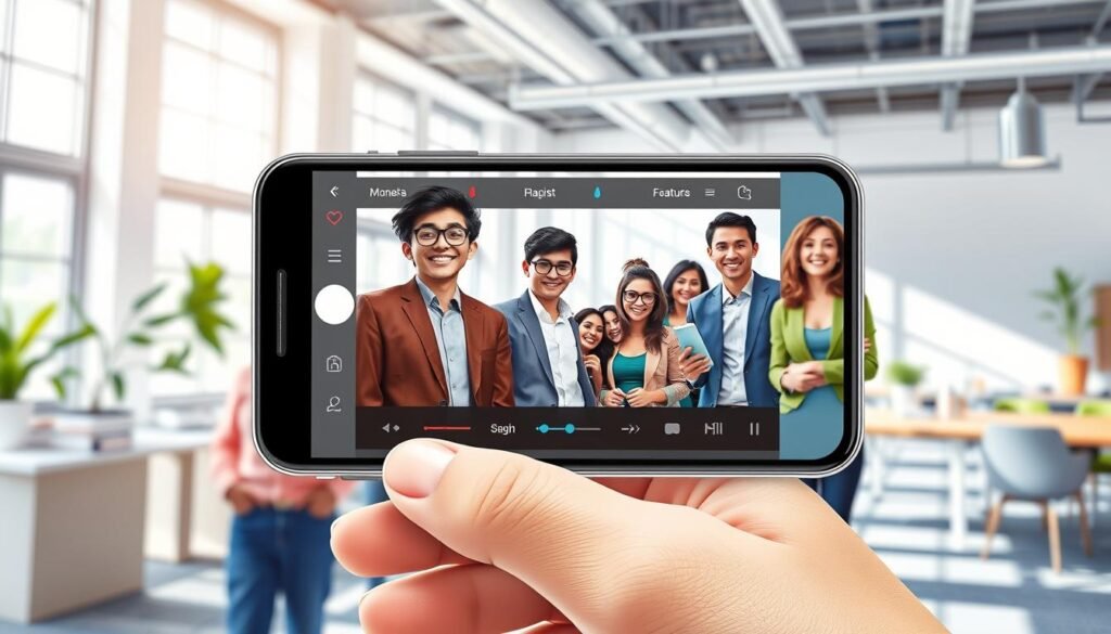 A vibrant, detailed illustration showcasing the "Magic Editor" feature of Google Photos. In the foreground, a sleek, modern smartphone displays an active editing screen with enhanced photo editing tools like color adjustment sliders and AI features visibly highlighted. The middle layer features a diverse group of people, dressed in smart casual attire, intently engaged in the editing process, with expressions of excitement and curiosity. The background reveals a bright, airy workspace, illuminated by natural light streaming through large windows, creating an uplifting atmosphere. The overall mood conveys innovation and accessibility, with a harmonious blend of technology and creativity, inviting viewers to explore the newfound editing capabilities.