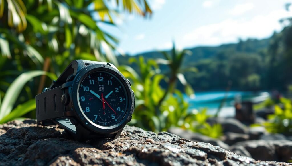 A vibrant outdoor scene showcasing a high-tech Garmin smartwatch designed for tropical climates. In the foreground, the smartwatch is displayed prominently on a rocky surface, water droplets glistening on its rugged watch face, highlighting features ideal for outdoor activities such as hiking, running, and swimming. The middle ground features a lush tropical rainforest, with vivid green foliage and dappled sunlight filtering through the trees, creating an inviting atmosphere. In the background, a distant view of a serene water body reflects the blue sky, enhancing the adventurous feel of the image. The lighting is bright and natural, emphasizing the smartwatch's durability and functionality in outdoor scenarios. The overall mood is energetic and exploratory, perfect for showcasing the best Garmin smartwatches for outdoor enthusiasts.