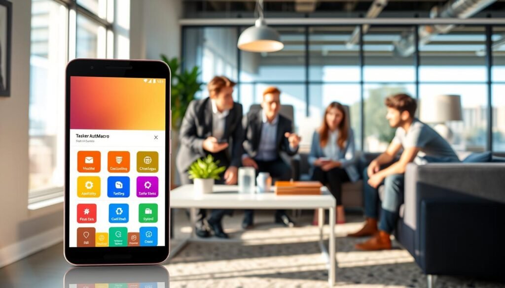 A visually engaging illustration of "Android automation application guide" focusing on Tasker AutoMacro. In the foreground, display a sleek Android phone with the Tasker AutoMacro interface prominently featured, showcasing vibrant colors and intuitive buttons. In the middle, a diverse group of three users—one man in smart casual attire, one woman in professional business attire, and a young adult casually dressed—are gathered around a coffee table, enthusiastically discussing the app's features. The background includes a modern workspace with a large window allowing soft natural light to pour in, creating an inviting atmosphere. The overall mood is collaborative and inspiring, emphasizing the power of automation in daily tasks. Use a clean, focused lens angle to emphasize the foreground details while maintaining a slightly blurred effect on the background elements.