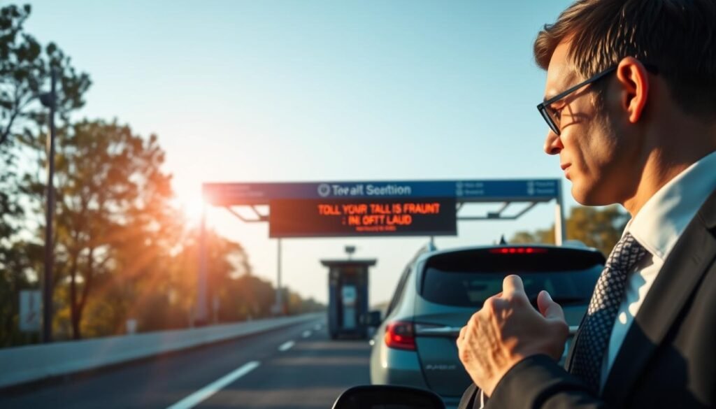 A visually engaging scene depicting user safety tips for highway toll systems. In the foreground, an alert individual in professional business attire is examining their vehicle's number plate, ensuring it's clear and visible. The middle ground features a well-lit highway toll booth with a digital display, showing a warning message about potential fraud. In the background, trees and a blue sky add a serene yet vigilant atmosphere. Soft morning light casts gentle shadows, creating a sense of awareness and caution. The overall mood conveys diligence in safeguarding against toll payment scams, with an emphasis on practical measures for users. The composition is clear, focused, and professionally presented, ensuring an informative and visually striking image.