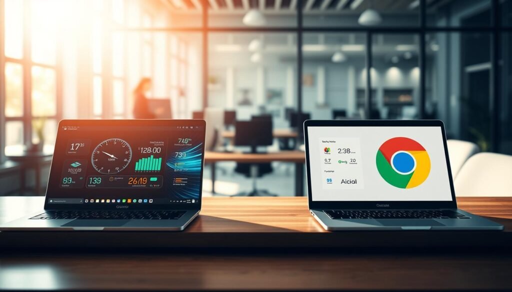 A visually striking comparison scene showcasing two computer browsers: one representing a new, ultra-fast browser and the other depicting Google Chrome. In the foreground, two sleek and modern laptops are placed side by side on a wooden desk, illuminated by soft, diffused natural light coming through a window. The new browser features a glowing digital interface with speed indicators and performance graphs, while Chrome displays its classic, minimalist design. The middle ground features a blurred workspace filled with tech gadgets, hinting at innovation. In the background, an office setting with large glass windows lets in sunlight, creating a bright, professional atmosphere. The overall mood is one of technological advancement and efficiency, emphasizing speed and performance in a corporate environment.