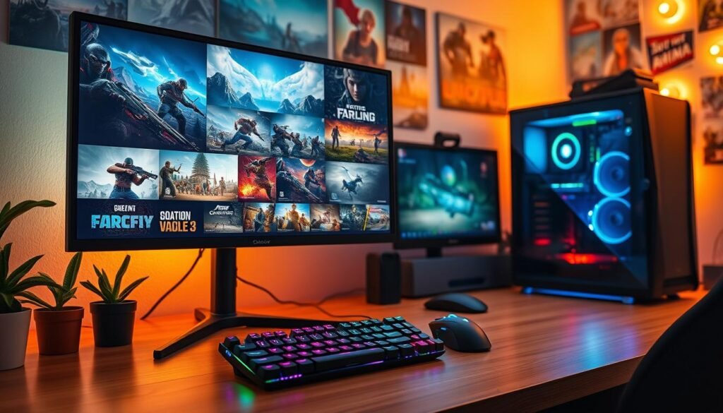 A visually striking image capturing the essence of the latest PC games that can run without a GPU, showcasing a vibrant gaming setup. In the foreground, a sleek gaming monitor displays in-game footage of various games running smoothly at ultra settings and 60FPS, with detailed graphics and lush environments. The middle layer includes a stylish gaming keyboard and mouse, highlighting RGB lighting effects for a modern touch. In the background, a cozy gaming room setup features ambient lighting, gaming posters, and a tidy desk with a high-performance PC tower, alluding to a high-quality gaming experience. The scene is well-lit with a warm glow, creating an inviting atmosphere, and shot from a slightly elevated angle to emphasize the immersive gaming environment. The mood is energetic and inspiring, appealing to gamers eager for top-tier gaming recommendations in 2024.