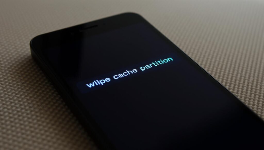 An Android smartphone screen displaying the "Wipe Cache Partition" option in recovery mode. The foreground features a close-up view of the smartphone with a clear and brightly lit interface, showcasing the recovery menu with vibrant blue and green options. The middle layer includes a textured background of a clean workspace, possibly a wooden desk or a soft fabric, subtly blurred to emphasize the smartphone. The lighting is soft and frugal, casting gentle shadows and highlighting the screen’s details. The atmosphere conveys a sense of clarity and focus, suited for tech enthusiasts looking to optimize their devices. The angle is slightly tilted to provide a dynamic perspective, emphasizing the technical nature of the recovery process without distracting elements.