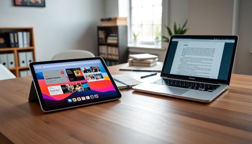 An insightful comparison image showcasing the iPad Air M2 and MacBook Air M2, placed side by side on a sleek wooden desk in a well-lit, modern study environment. In the foreground, the iPad Air M2 rests prominently, its vibrant display on, showing academic applications, while the MacBook Air M2 sits next to it, open and displaying a word processing document. The middle ground features a few textbooks and stationery scattered around, emphasizing an academic mood. In the background, soft natural light streams through a window, enhancing the overall inviting atmosphere. The angle is slightly elevated to capture both devices clearly, highlighting their sleek designs and sophisticated features. The overall tone is professional and focused, ideal for students evaluating their academic needs. An insightful comparison image showcasing the iPad Air M2 and MacBook Air M2, placed side by side on a sleek wooden desk in a well-lit, modern study environment. In the foreground, the iPad Air M2 rests prominently, its vibrant display on, showing academic applications, while the MacBook Air M2 sits next to it, open and displaying a word processing document. The middle ground features a few textbooks and stationery scattered around, emphasizing an academic mood. In the background, soft natural light streams through a window, enhancing the overall inviting atmosphere. The angle is slightly elevated to capture both devices clearly, highlighting their sleek designs and sophisticated features. The overall tone is professional and focused, ideal for students evaluating their academic needs.