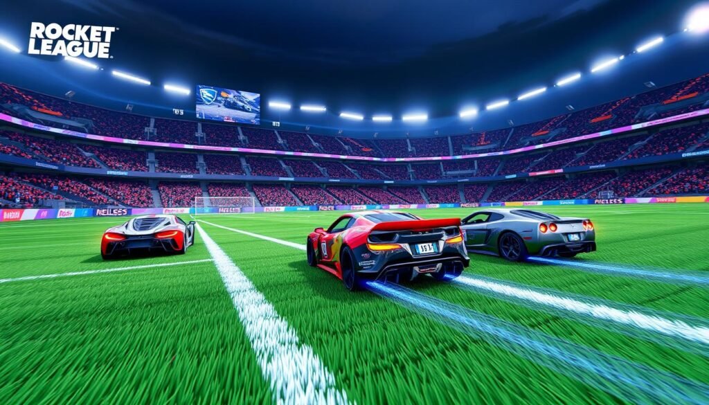 Gambar Rocket League dengan grafis Ultra dan mobil yang sedang bermain sepak bola