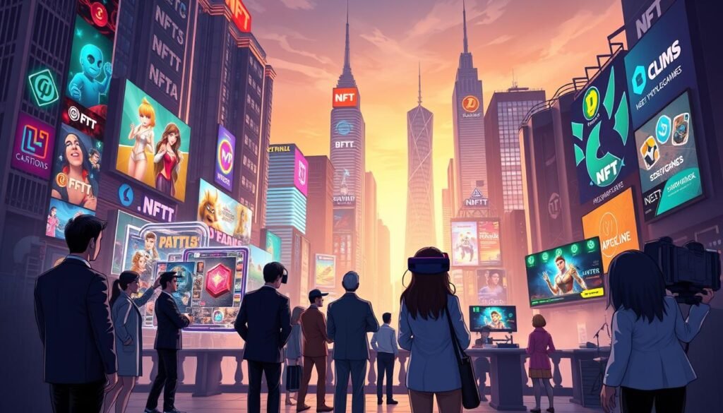 In a vibrant, futuristic cityscape showcasing the advancement of NFT gaming in 2025, the foreground features a diverse group of individuals in professional business attire discussing and interacting with holographic displays of NFT avatars and digital assets. The middle ground has gamers immersed in virtual reality, showcasing immersive gameplay experiences, surrounded by colorful, dynamic environments representing various NFT games. The background highlights a skyline with towering skyscrapers adorned with digital billboards displaying cryptocurrencies and NFT logos, illuminated by neon lights. Soft, ambient lighting creates a hopeful and energetic mood, emphasizing innovation and excitement in the NFT gaming industry. The angle should be slightly elevated to capture the bustling vibe of this evolved gaming landscape.